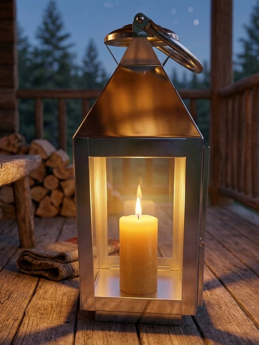 Modern Silver Stainless Steel Candle Lantern 15.5" Indoor Outdoor Home Decor